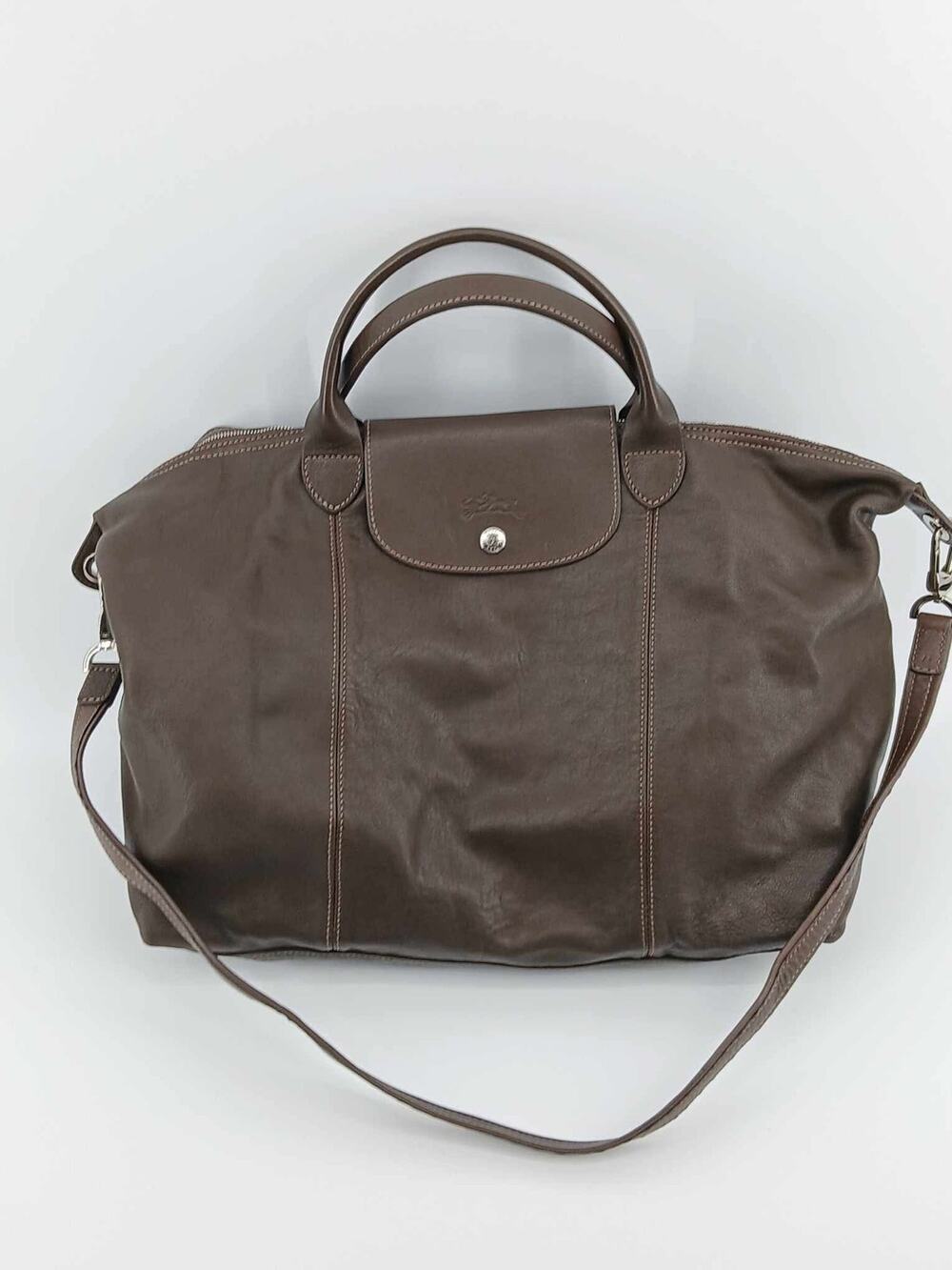Brown Leather travel bag , purse, satchel , Longchamp Le Pliage Cuir